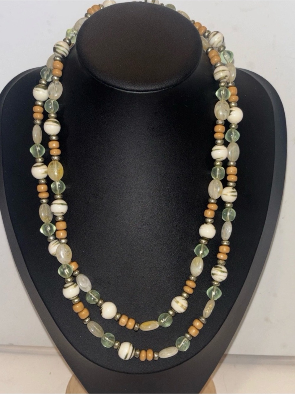 Vintage 38” Continuous Strand Necklace Multi Layer Beaded Beach Boho Green Cream